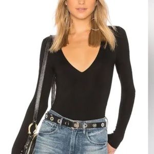 House of Harlow Black Long Sleeve V- Neck Thong Bodysuit w/ Snap Crotch